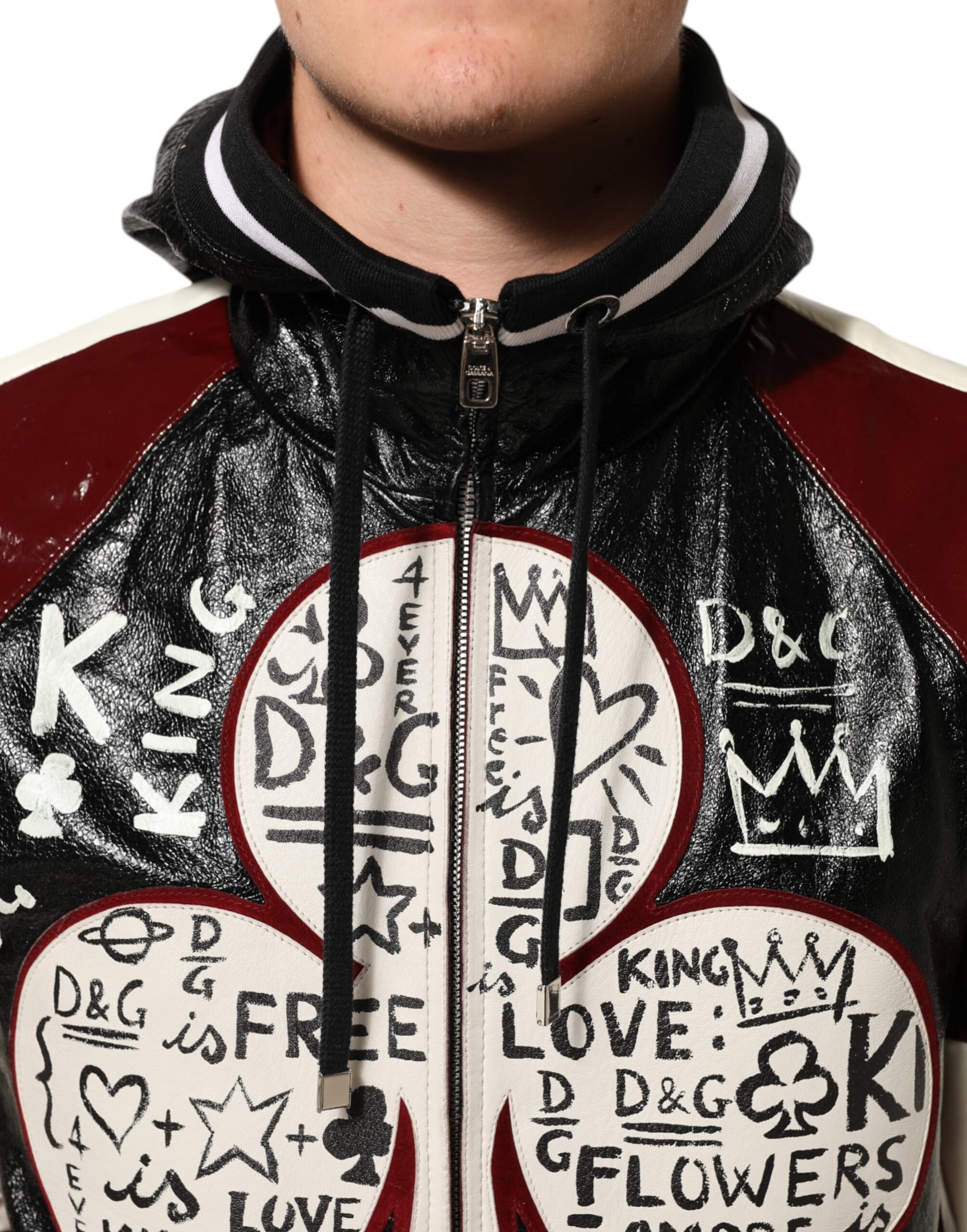 Dolce & Gabbana Multicolor Hooded Leather DG King Men Biker Jacket - Image 5