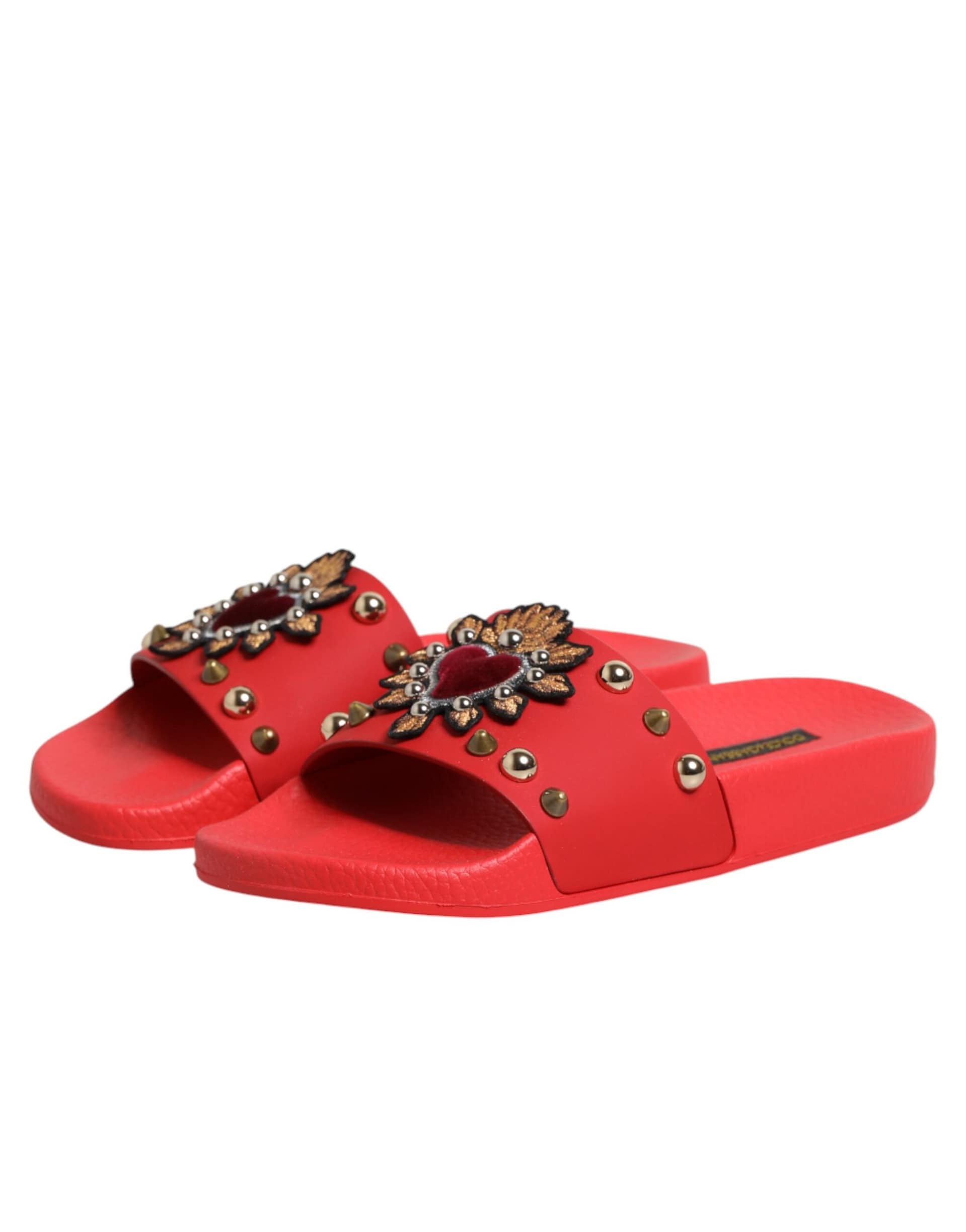 Dolce & Gabbana Red Sacred Heart Stud Slides Beachwear Shoes - Image 5