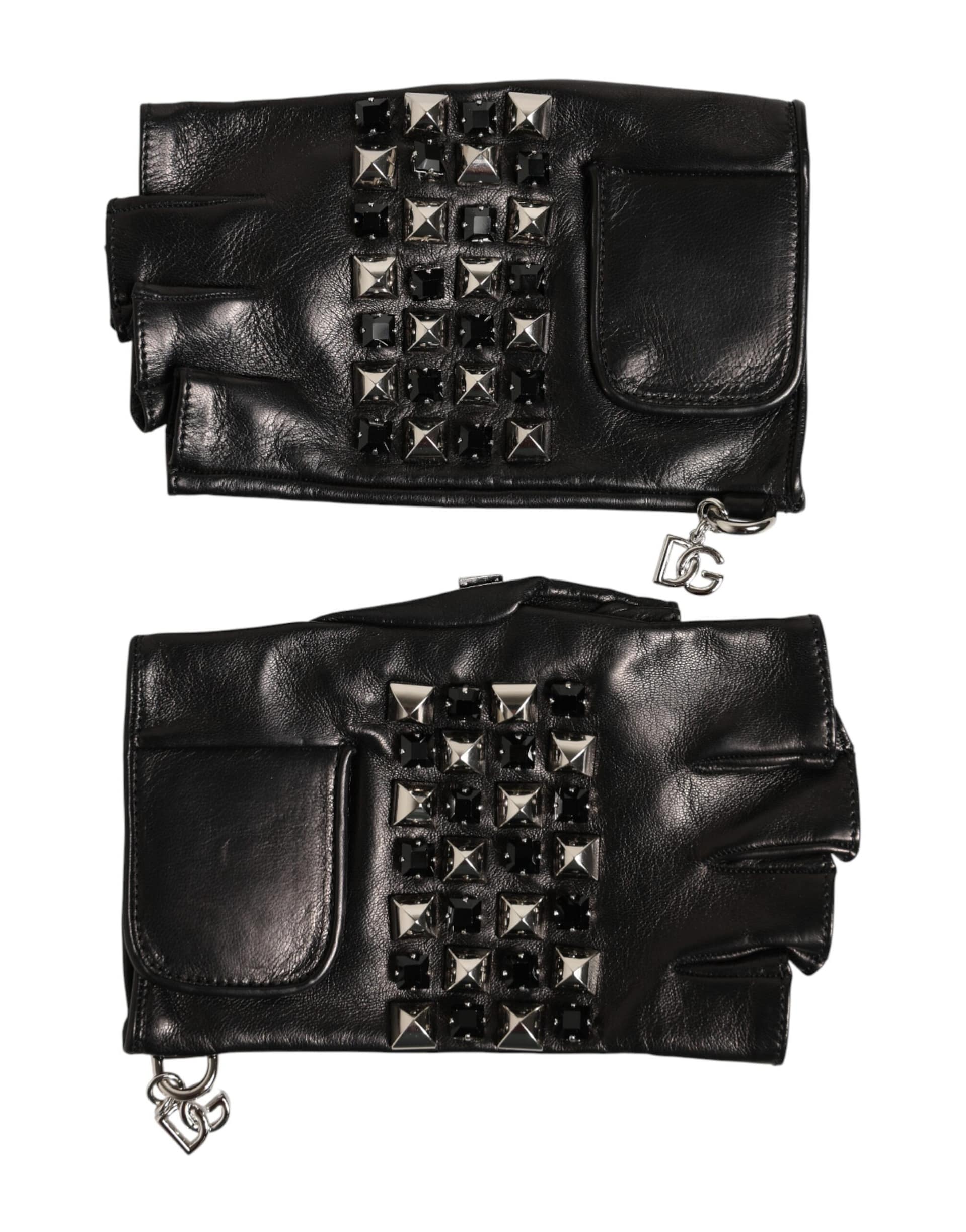 Dolce & Gabbana Black Leather Studded Fingerless Hand Mitten Men Gloves - Image 2