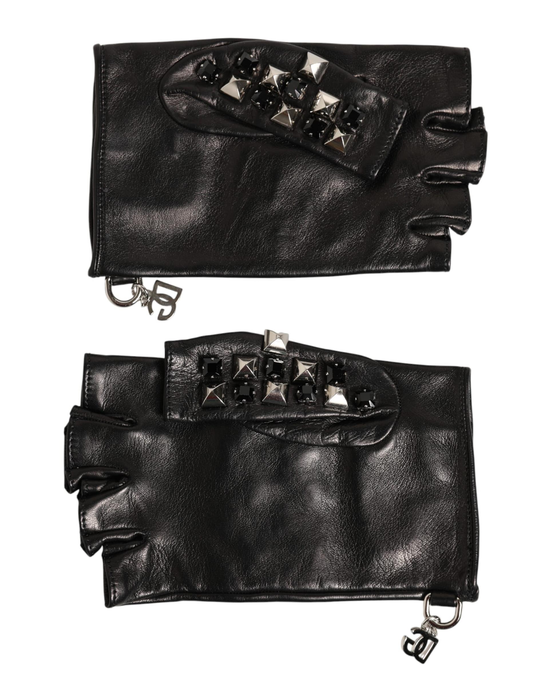 Dolce & Gabbana Black Leather Studded Fingerless Hand Mitten Men Gloves - Image 4