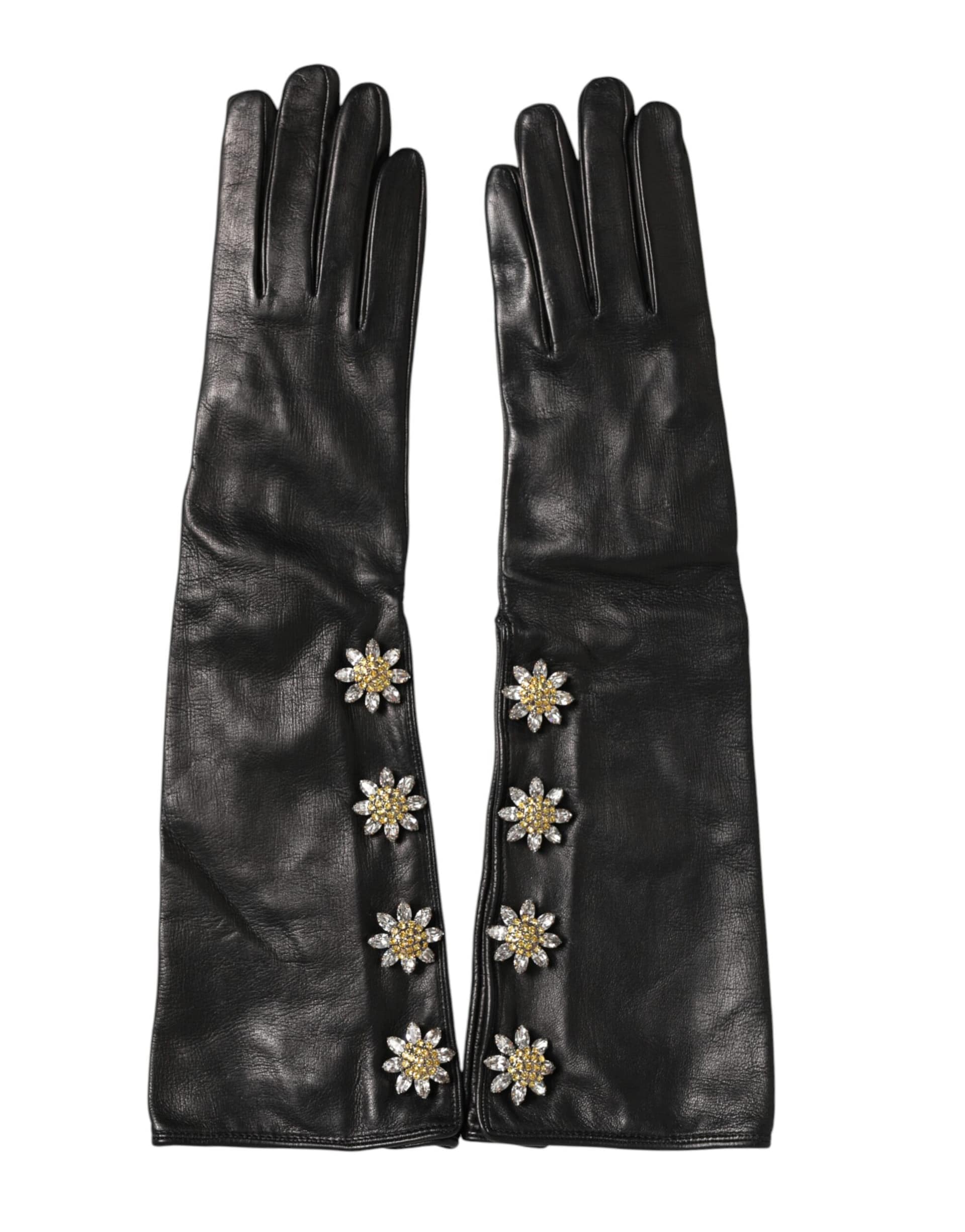 Dolce & Gabbana Black Leather Embellished Long Mitten Gloves - Image 2
