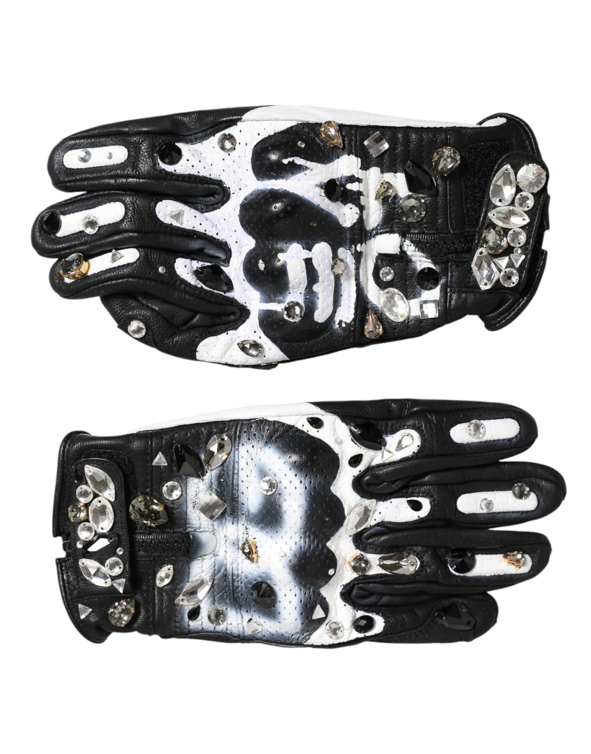 Dolce & Gabbana Gloves Black White Crystal Wrist Length Mitten Gloves - Image 2