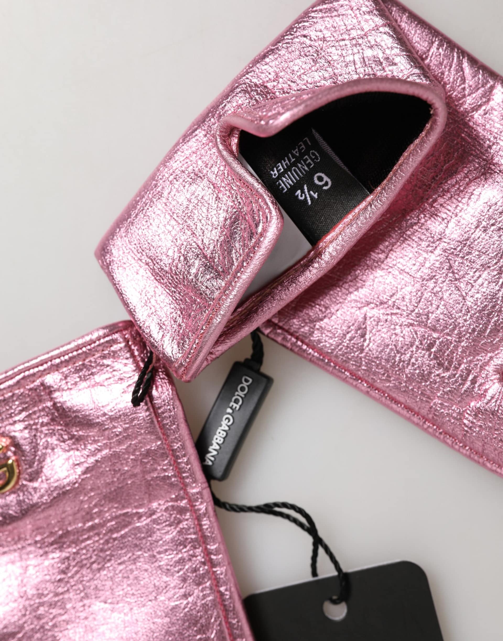Dolce & Gabbana Pink Leather DG Logo Wrist Length Mitten Gloves - Image 3