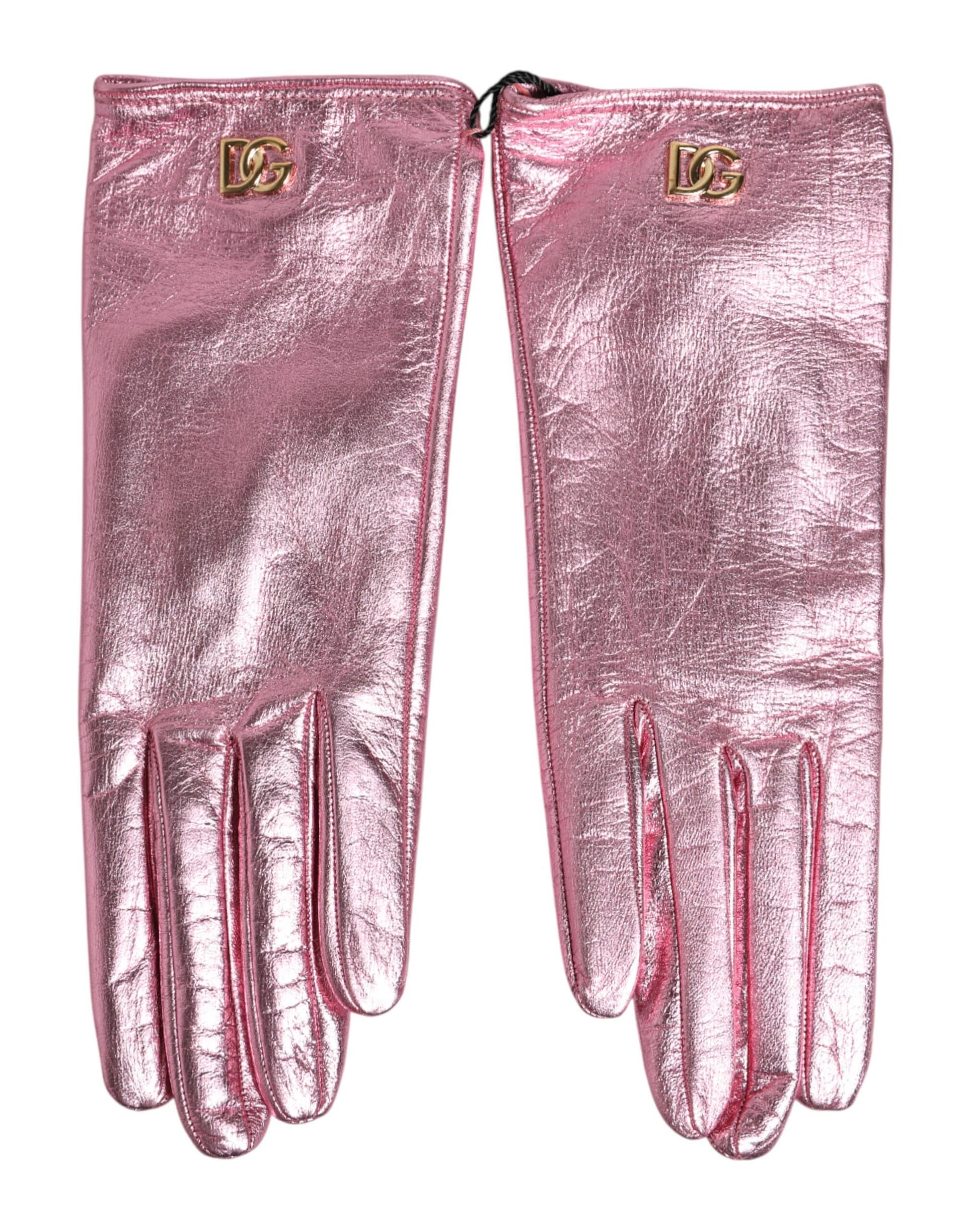 Dolce & Gabbana Pink Leather DG Logo Wrist Length Mitten Gloves - Image 2
