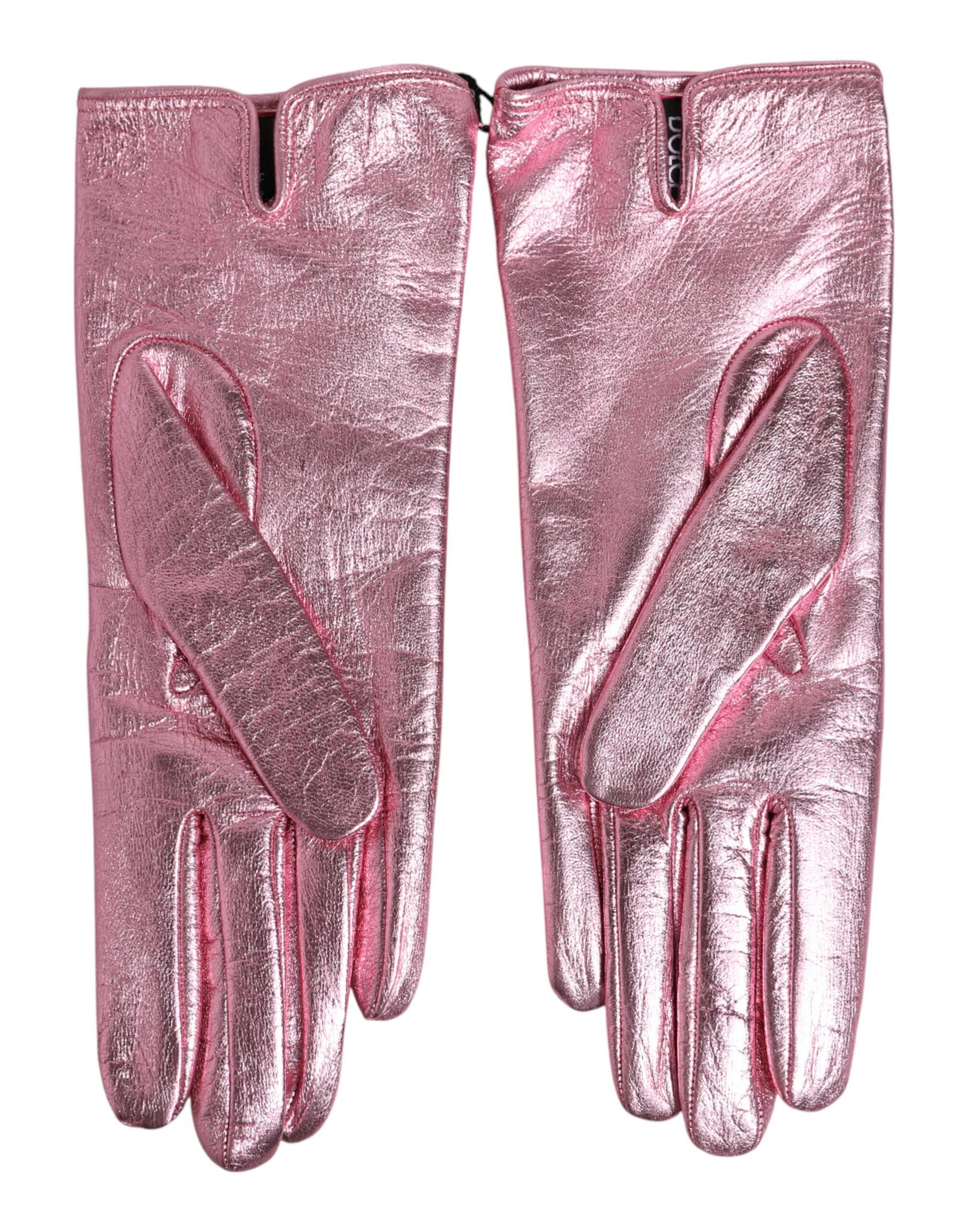 Dolce & Gabbana Pink Leather DG Logo Wrist Length Mitten Gloves - Image 4