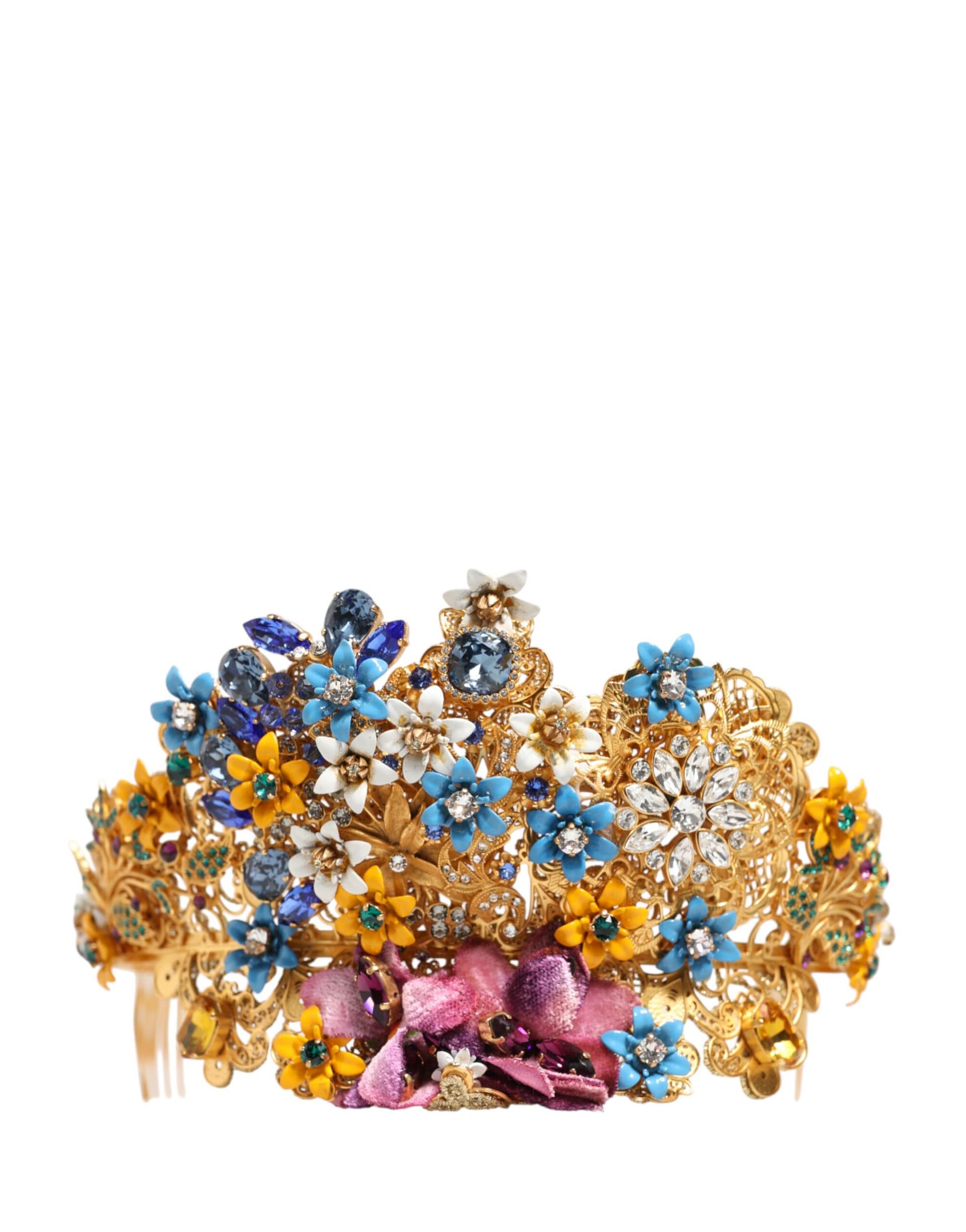 Dolce & Gabbana Gold Brass Crystal Floral Hortensia Crown Headband Tiara - Image 2