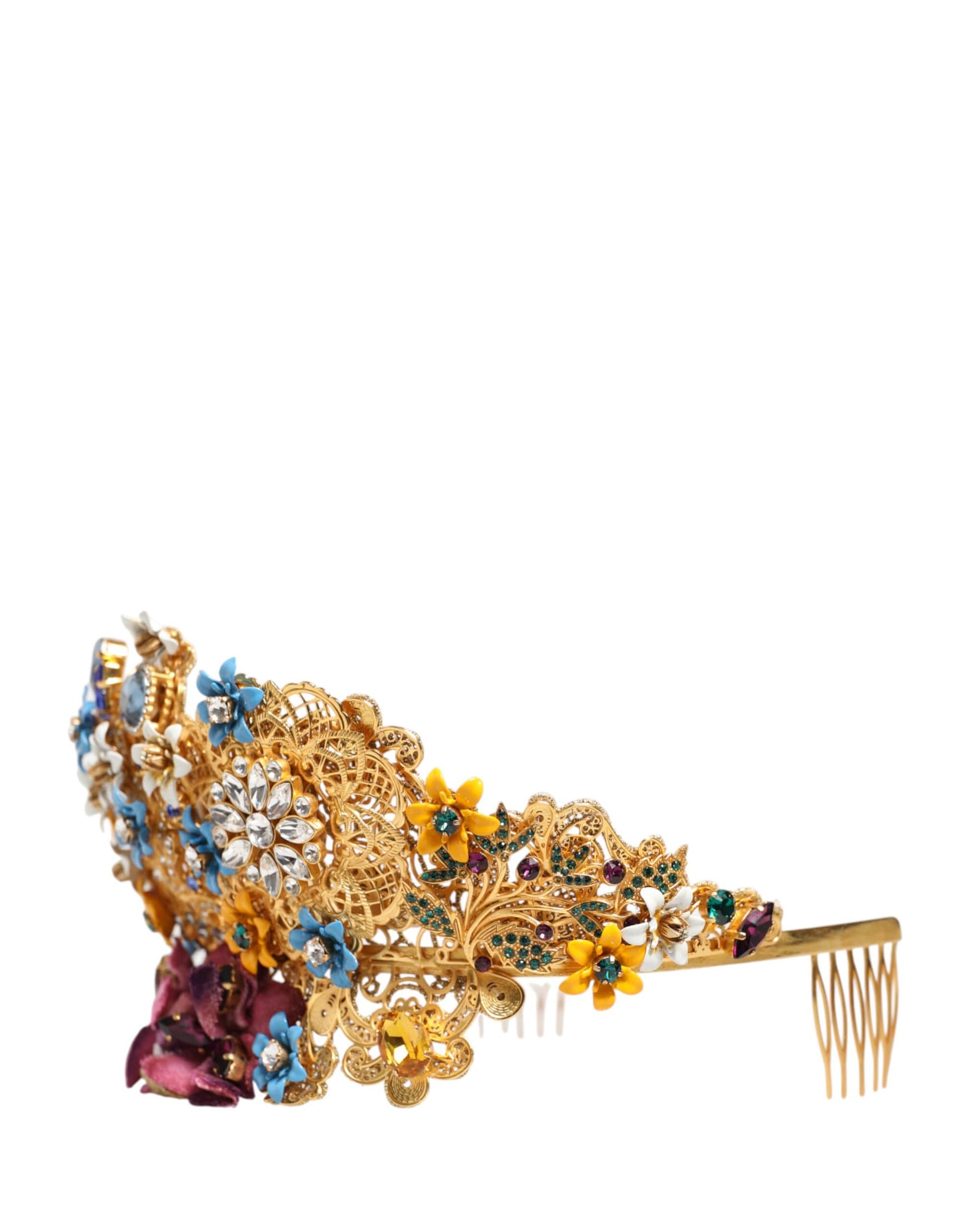 Dolce & Gabbana Gold Brass Crystal Floral Hortensia Crown Headband Tiara - Image 3