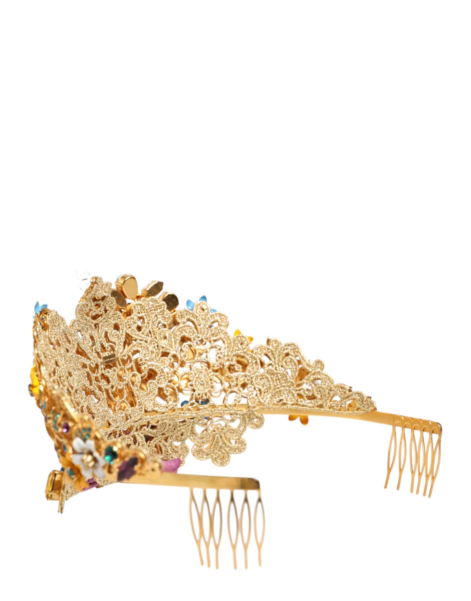 Dolce & Gabbana Gold Brass Crystal Floral Hortensia Crown Headband Tiara - Image 4
