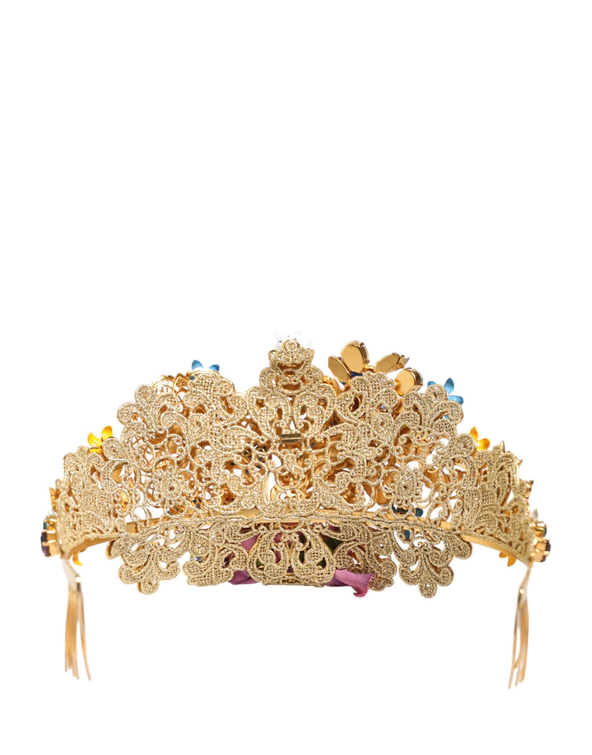 Dolce & Gabbana Gold Brass Crystal Floral Hortensia Crown Headband Tiara - Image 5