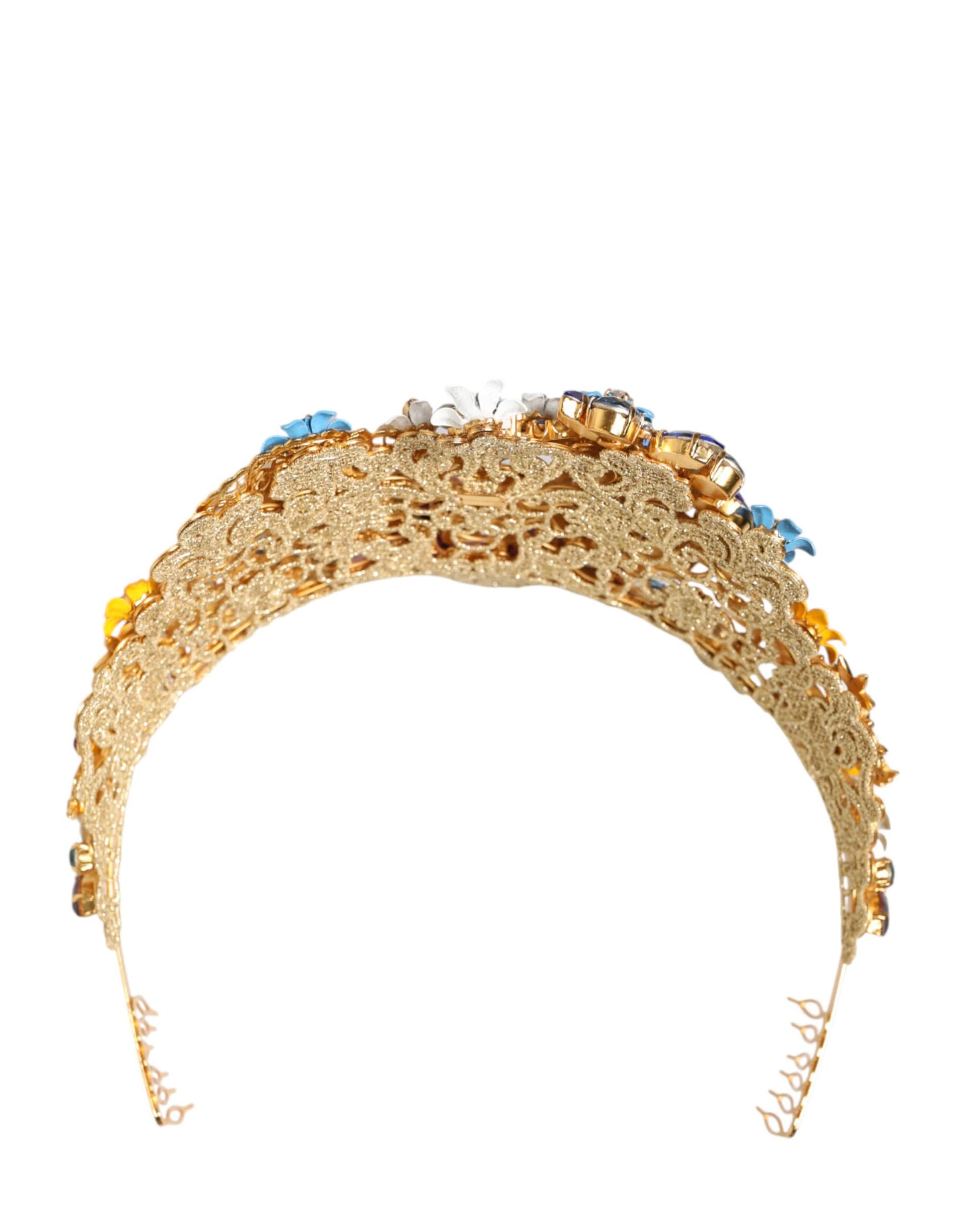 Dolce & Gabbana Gold Brass Crystal Floral Hortensia Crown Headband Tiara - Image 7