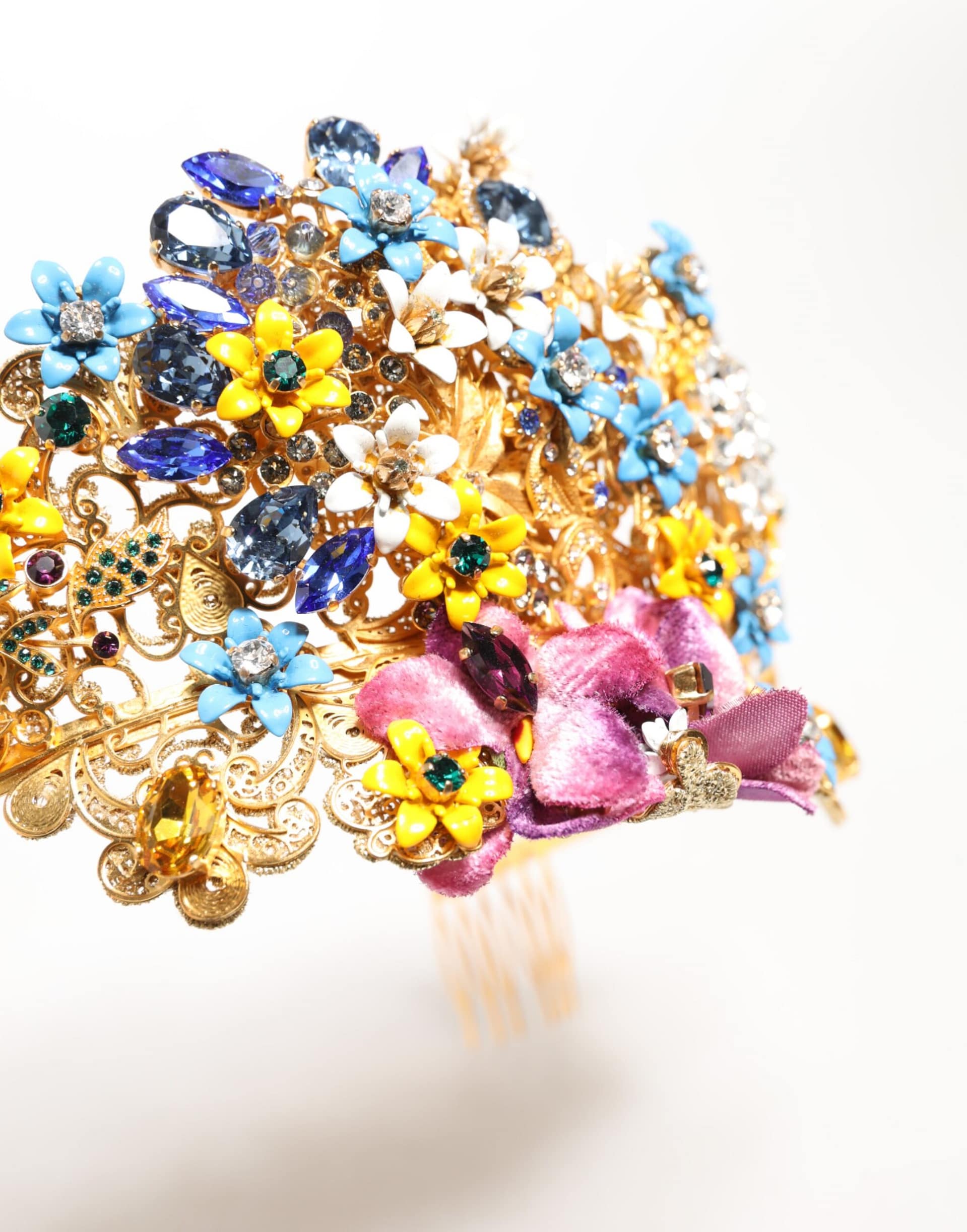 Dolce & Gabbana Gold Brass Crystal Floral Hortensia Crown Headband Tiara - Image 8