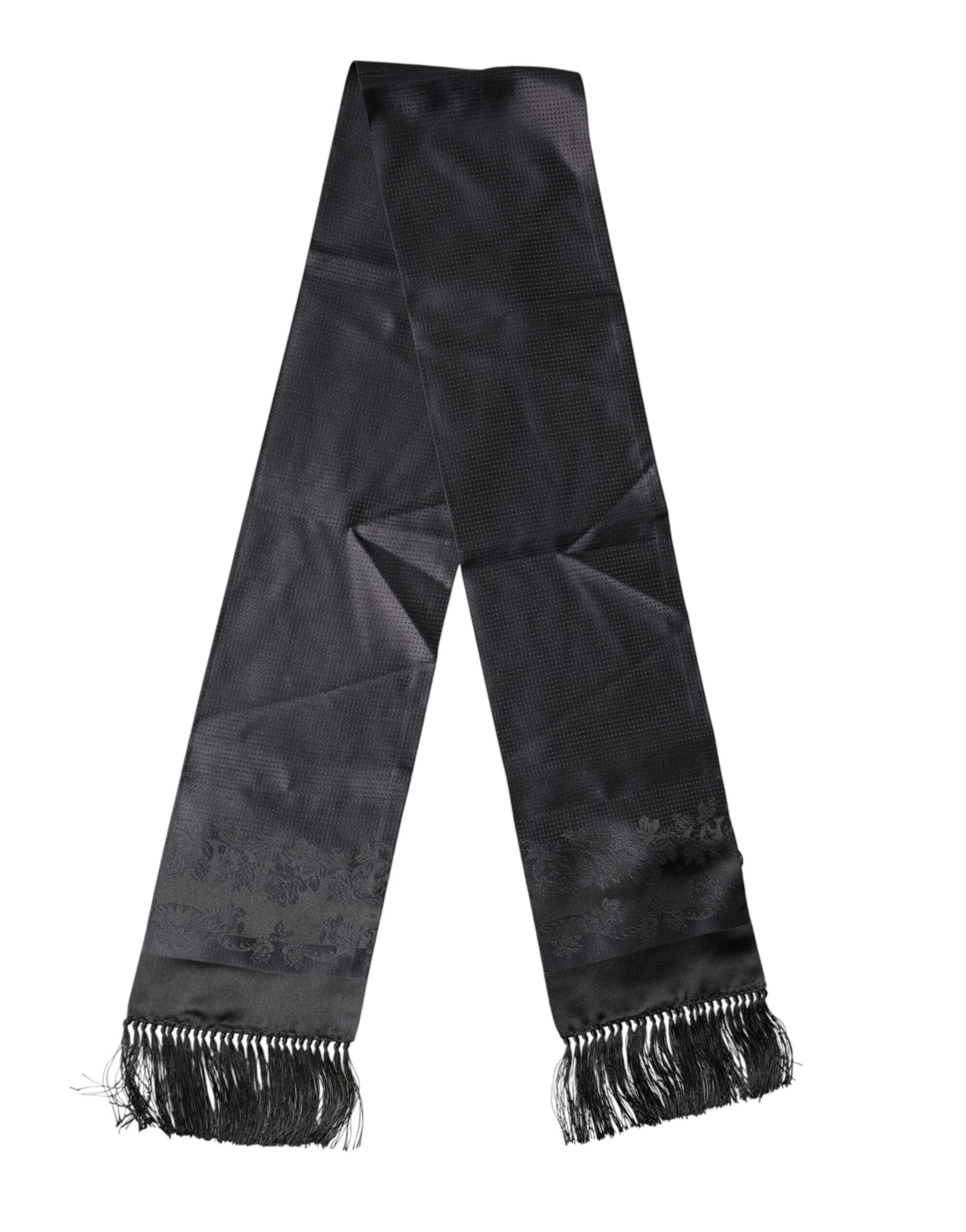 Dolce & Gabbana Black Satin Silk Fringes Neck Foulard Scarf - Image 2