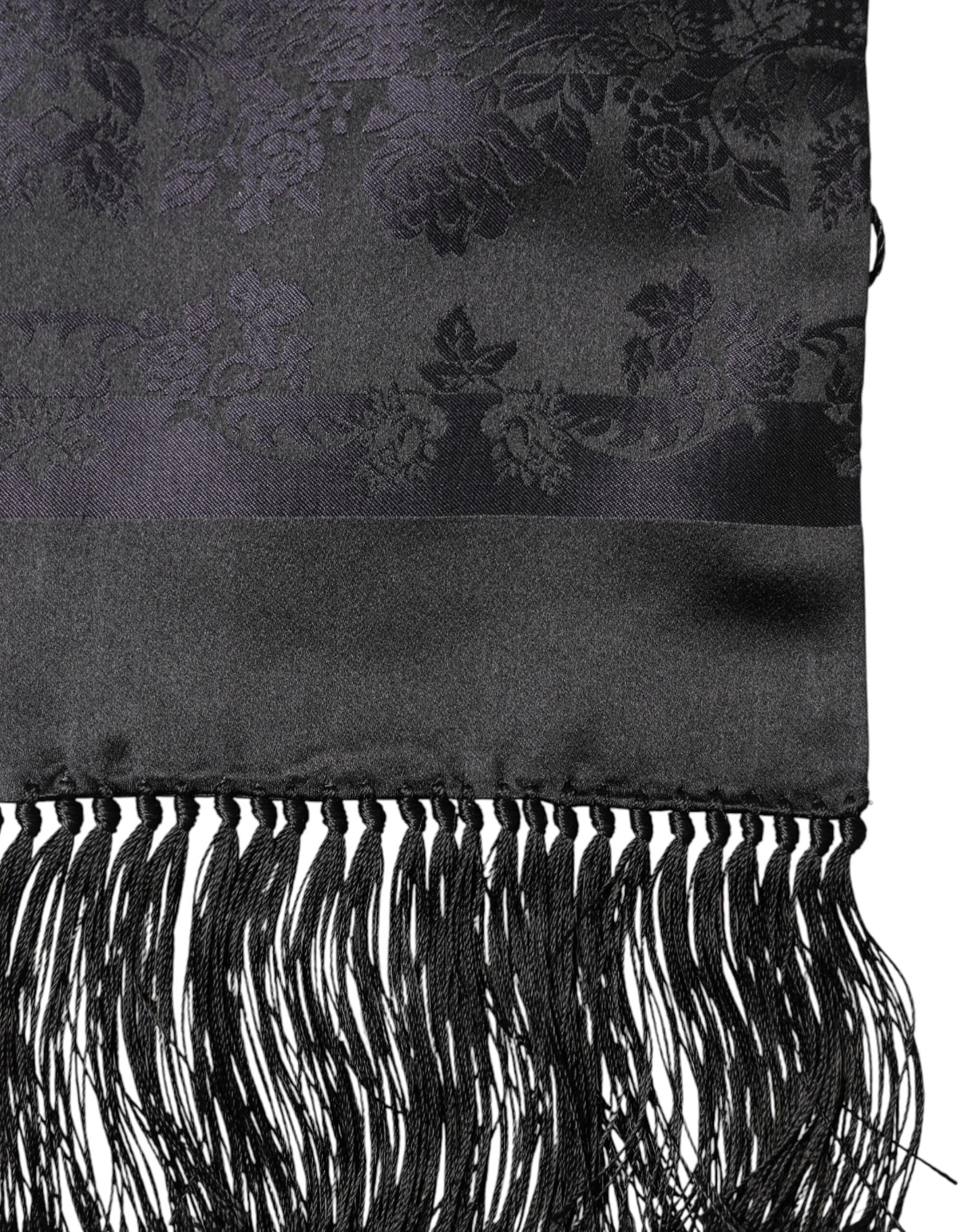 Dolce & Gabbana Black Satin Silk Fringes Neck Foulard Scarf - Image 3