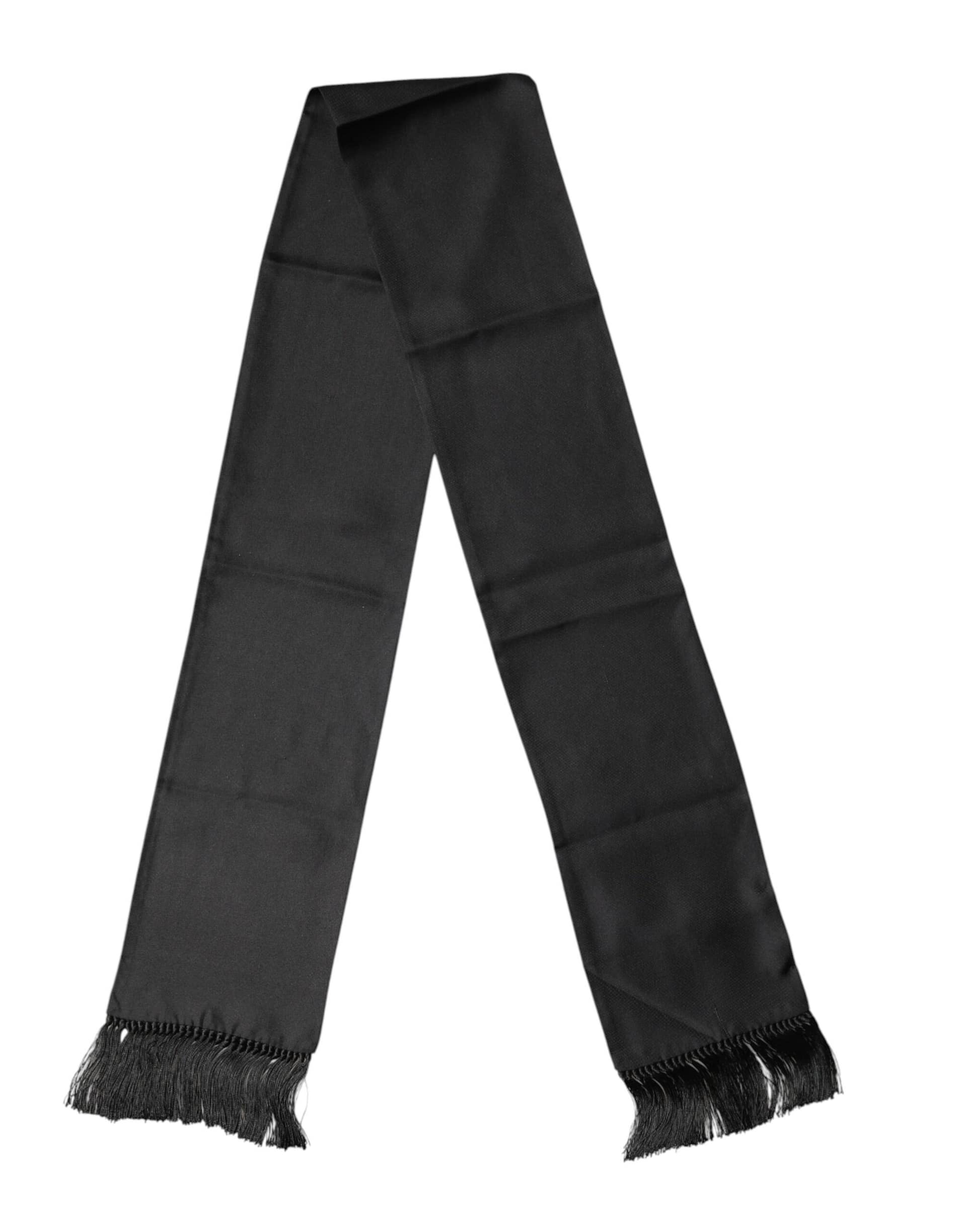 Dolce & Gabbana Black Satin Silk Fringes Neck Foulard 143.5cm x15cm Scarf - Image 2