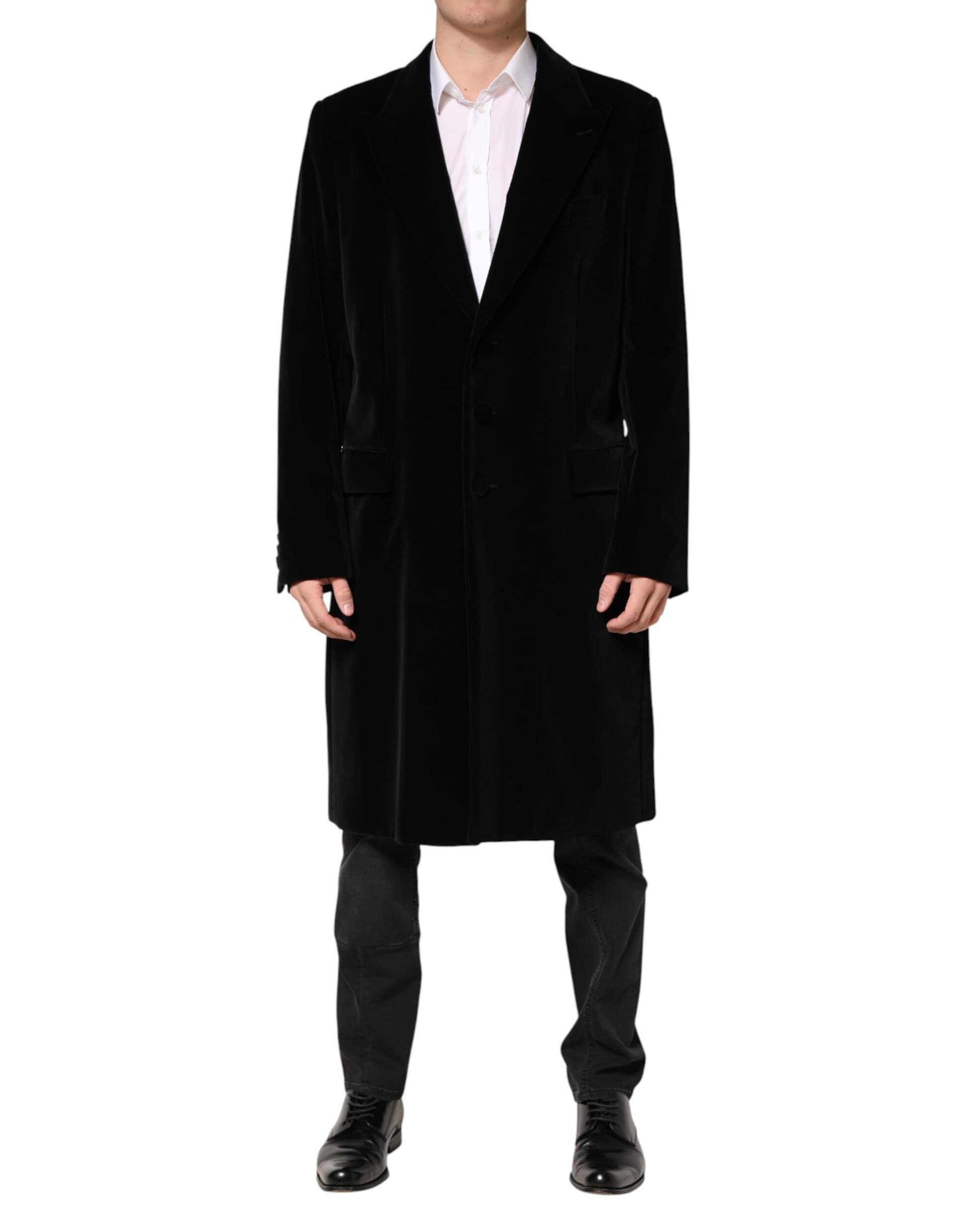 Dolce & Gabbana Black Cotton Velvet Long Trench Coat Jacket