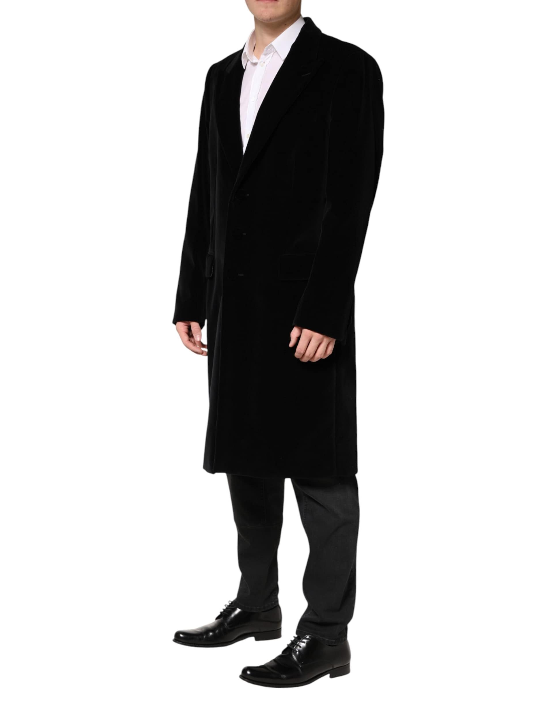 Dolce & Gabbana Black Cotton Velvet Long Trench Coat Jacket - Image 3