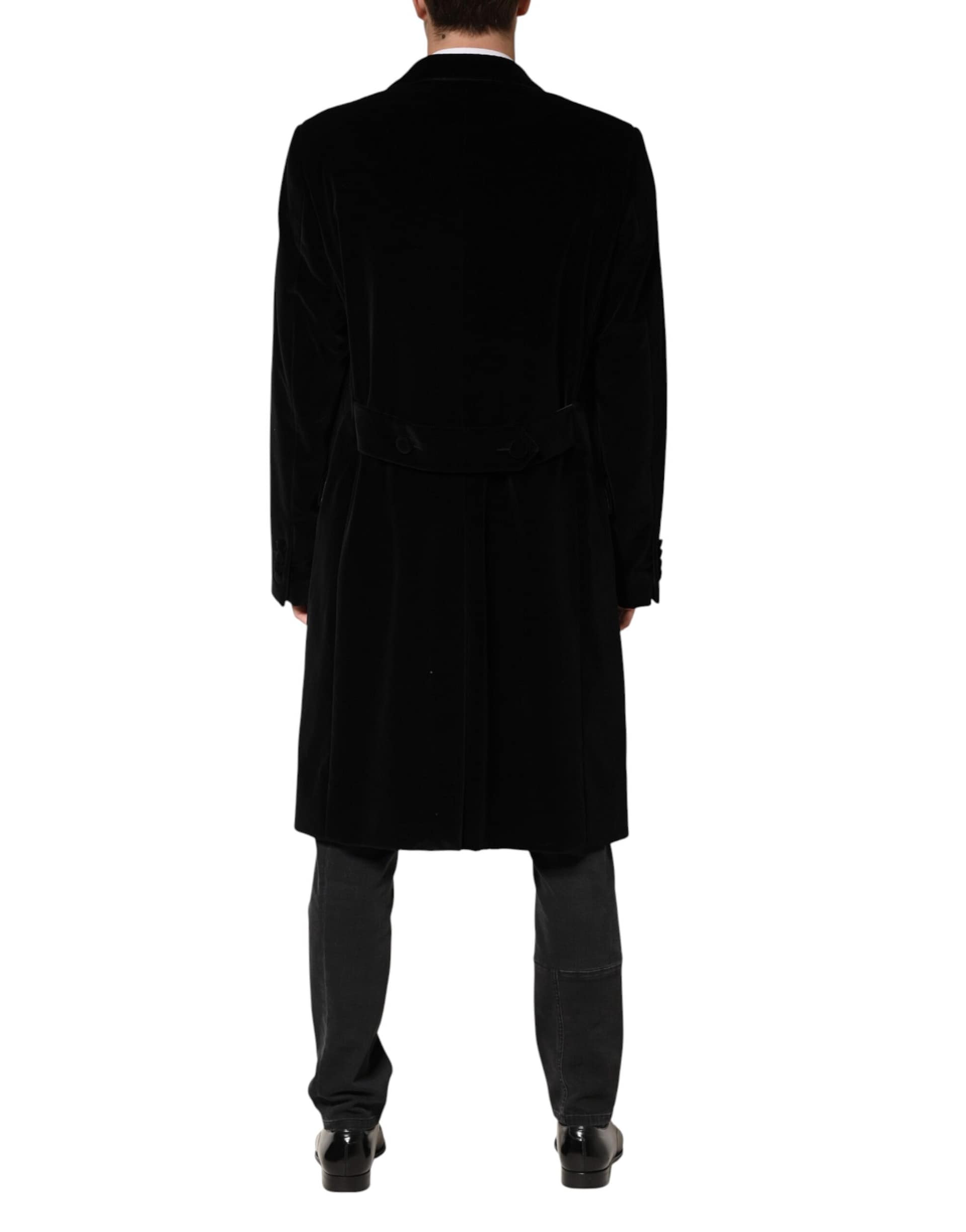 Dolce & Gabbana Black Cotton Velvet Long Trench Coat Jacket - Image 4