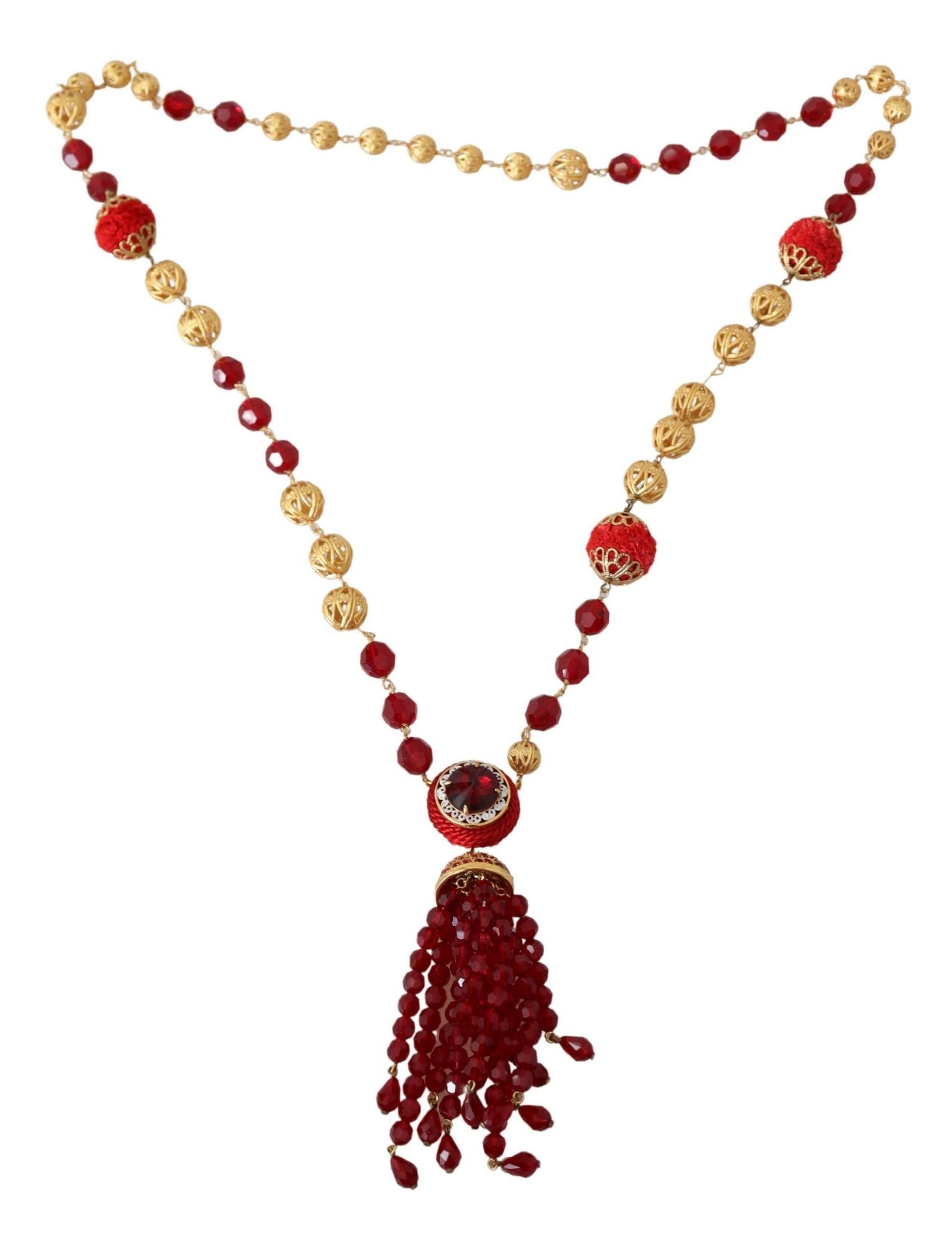 Dolce & Gabbana Gold Tone Brass Red Crystals Pendant Opera Chain Necklace - Image 3