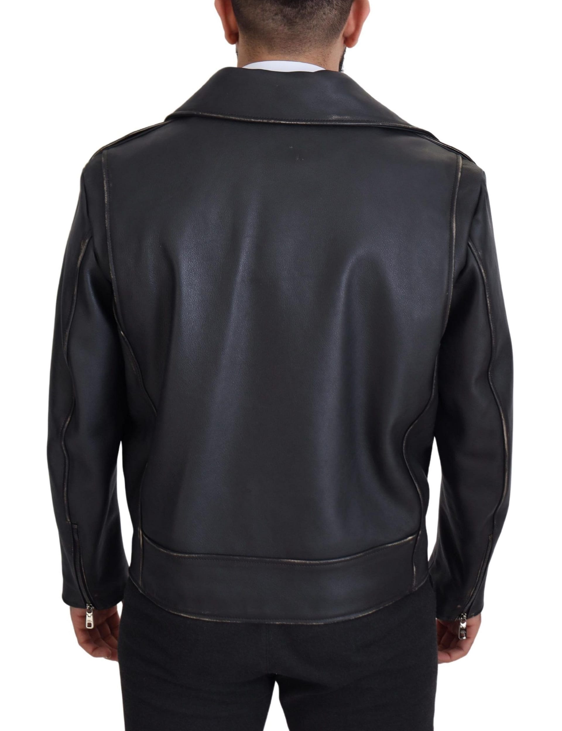 Dolce & Gabbana Black Leather Biker Coat Zipper Jacket - Image 3