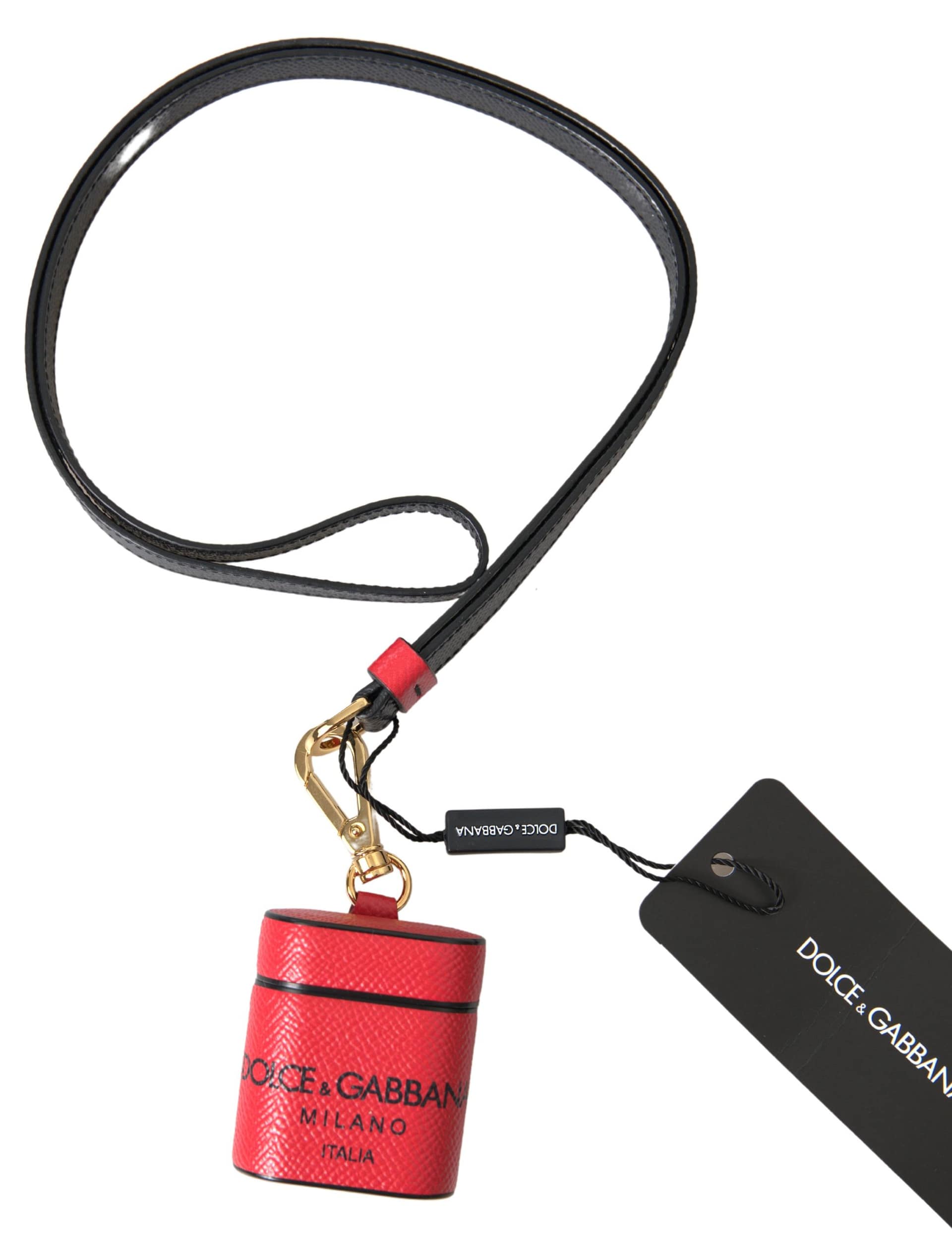 Dolce & Gabbana Red Black Calf Leather Logo Print Strap Airpods Case - Image 5