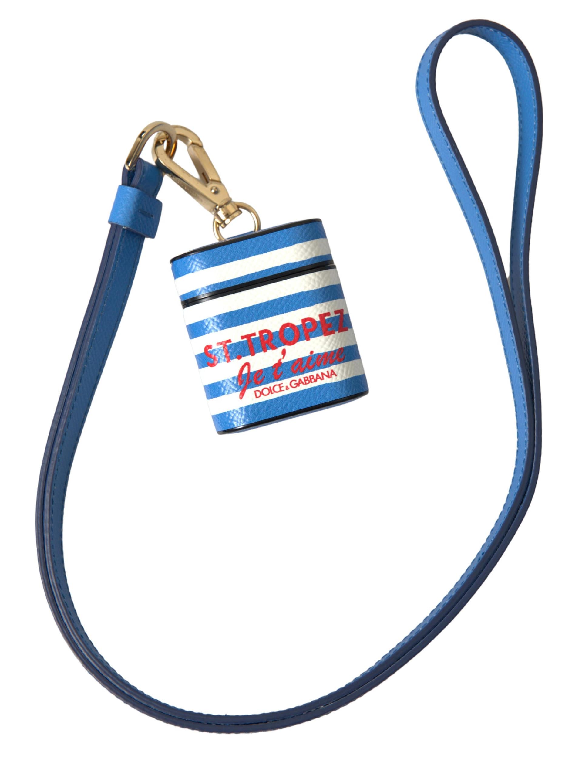 Dolce & Gabbana Blue Stripe Dauphine Leather Logo Print Airpod Case - Image 4