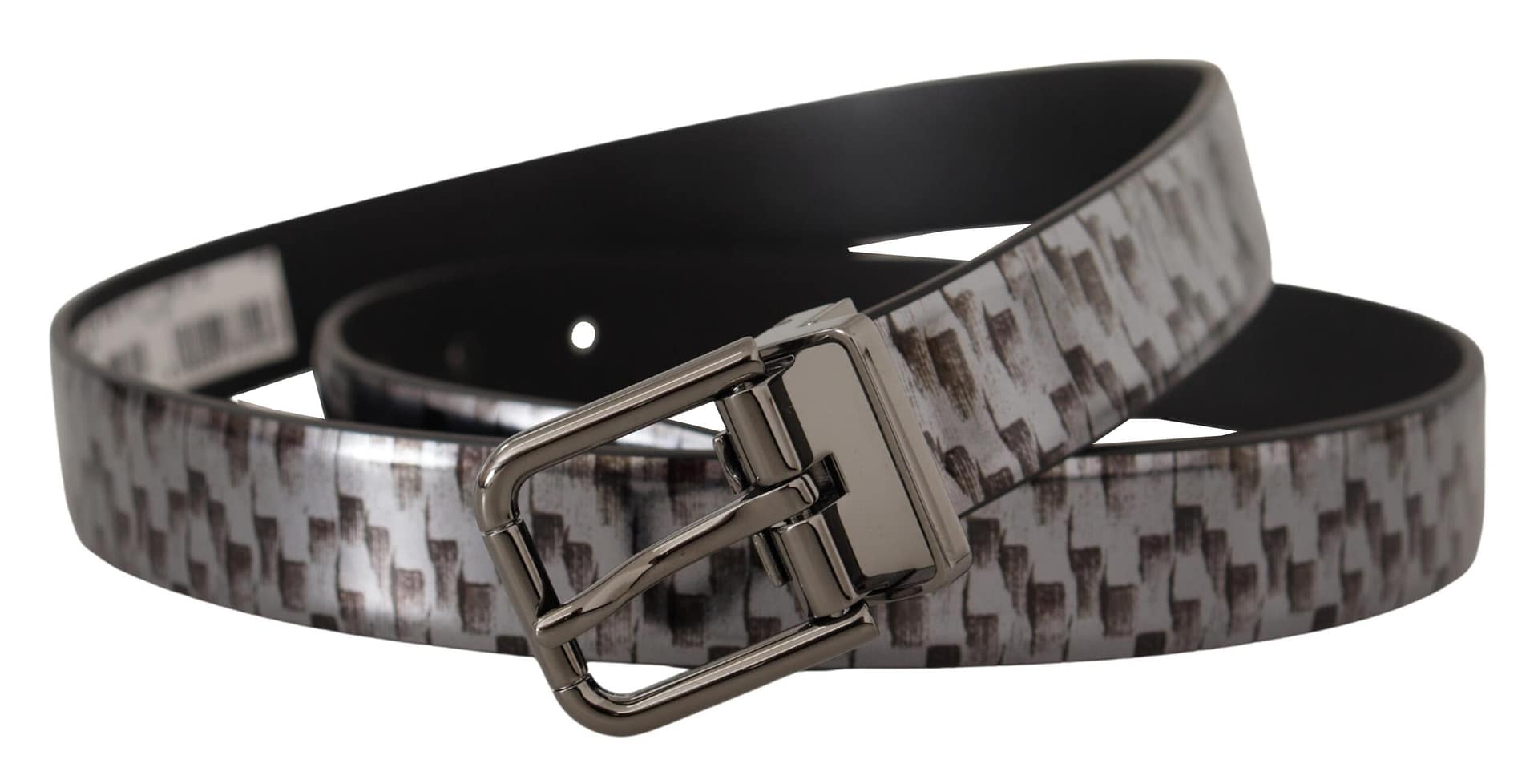 Dolce & Gabbana Gray Herringbone Leather Gray 3D Metal Buckle Belt - Image 2