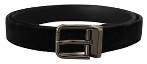 Dolce & Gabbana Black Velvet Silver Tone Logo Metal Buckle Belt