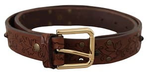Dolce & Gabbana Brown Leather Floral Studded Metal Buckle Belt