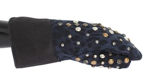Dolce & Gabbana Gray Wool Shearling Studded Blue Leopard Gloves