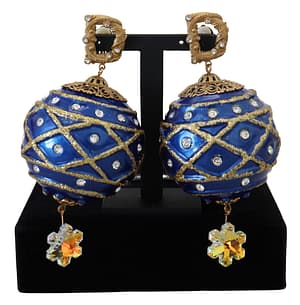 Dolce & Gabbana Gold Brass Blue Dangle Ball Crystal Clip On Earrings