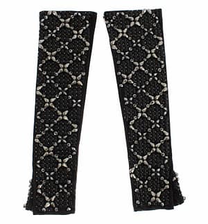 Dolce & Gabbana Black Leather Crystal Beaded Finger Free Gloves