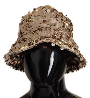 Dolce & Gabbana Gold Silk Sequin Embellished Designer Brim Bucket Hat