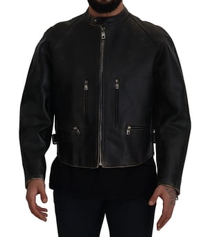 Dolce & Gabbana Black Leather Zipper Biker Coat Jacket
