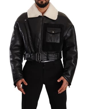 Dolce & Gabbana Black Leather Shearling Biker Coat Jacket