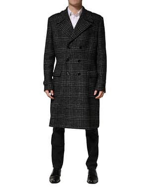 Dolce & Gabbana Grey Double Breasted Plaid Wool Coat Jacket