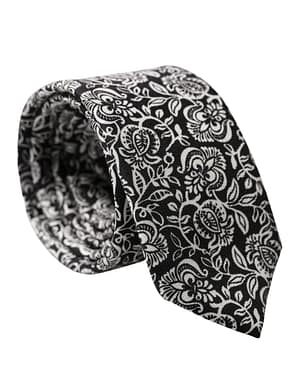 Dolce & Gabbana Black White Floral Fantasy Silk Adjustable Necktie Tie