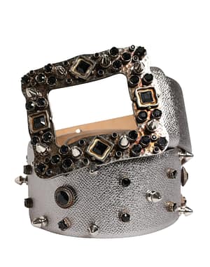 Dolce & Gabbana Silver Leather Crystal Metal Buckle Belt