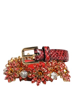 Dolce & Gabbana Red Leather Daisy Crystal Embellished Waist Belt