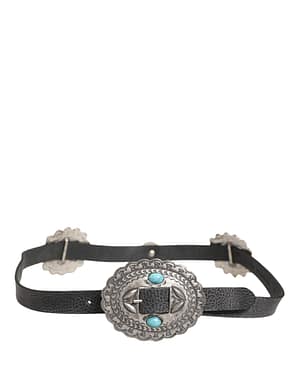 Cavalli Class Black Turquoise Leather Embellished Oval Buckle Belt