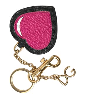 Dolce & Gabbana Pink Black Heart Leather Gold Tone Brass Keyring Keychain