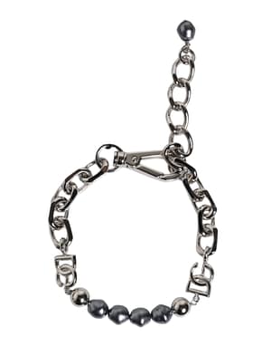 Dolce & Gabbana Silver Tone Chain Lobster Clasp Logo Gray Pearls Bracelet