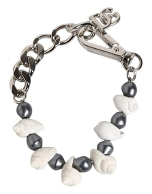 Dolce & Gabbana Silver Tone Brass Beaded Shell DG Logo Pendant Bracelet