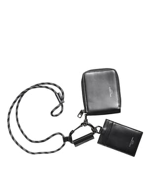 Dolce & Gabbana Black Leather Lanyard Zip Around Card Holder Wallet
