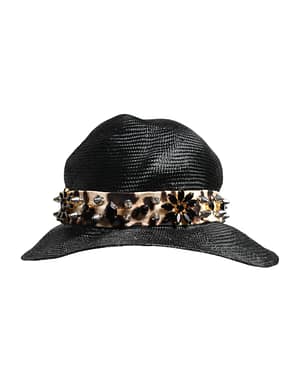 Dolce & Gabbana Black Straw Crystal Embellished Wide Brim Hat