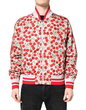 Dolce & Gabbana White Cherry Print Full Zip Bomber Jacket