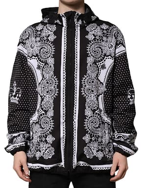 Dolce & Gabbana Black Bandana Print Hooded Bomber Jacket