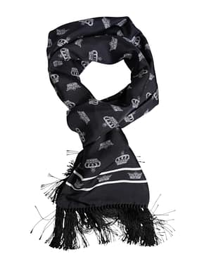 Dolce & Gabbana Black Silk Crown Fringes Men Foulard Scarf