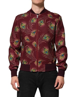 Dolce & Gabbana Maroon Peacock Feather Print Bomber Jacket