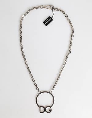 Dolce & Gabbana Silver Tone Brass Chain DG Logo Pendant Men Necklace