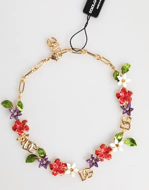 Dolce & Gabbana Gold Brass Logo Detail Floral Fashion Jewelry Necklace